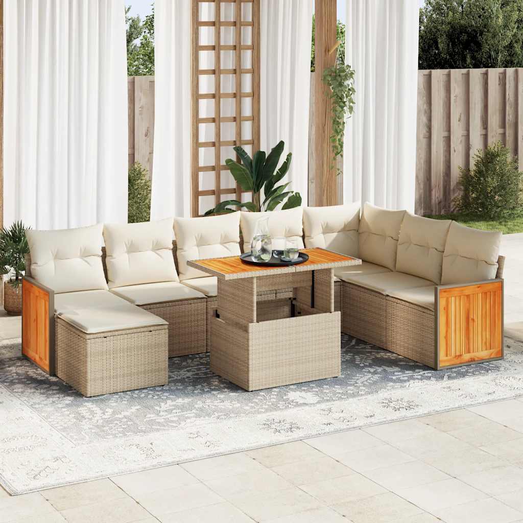 Set Divano da Giardino 9 pz con Cuscini Beige Polyrattan Acacia