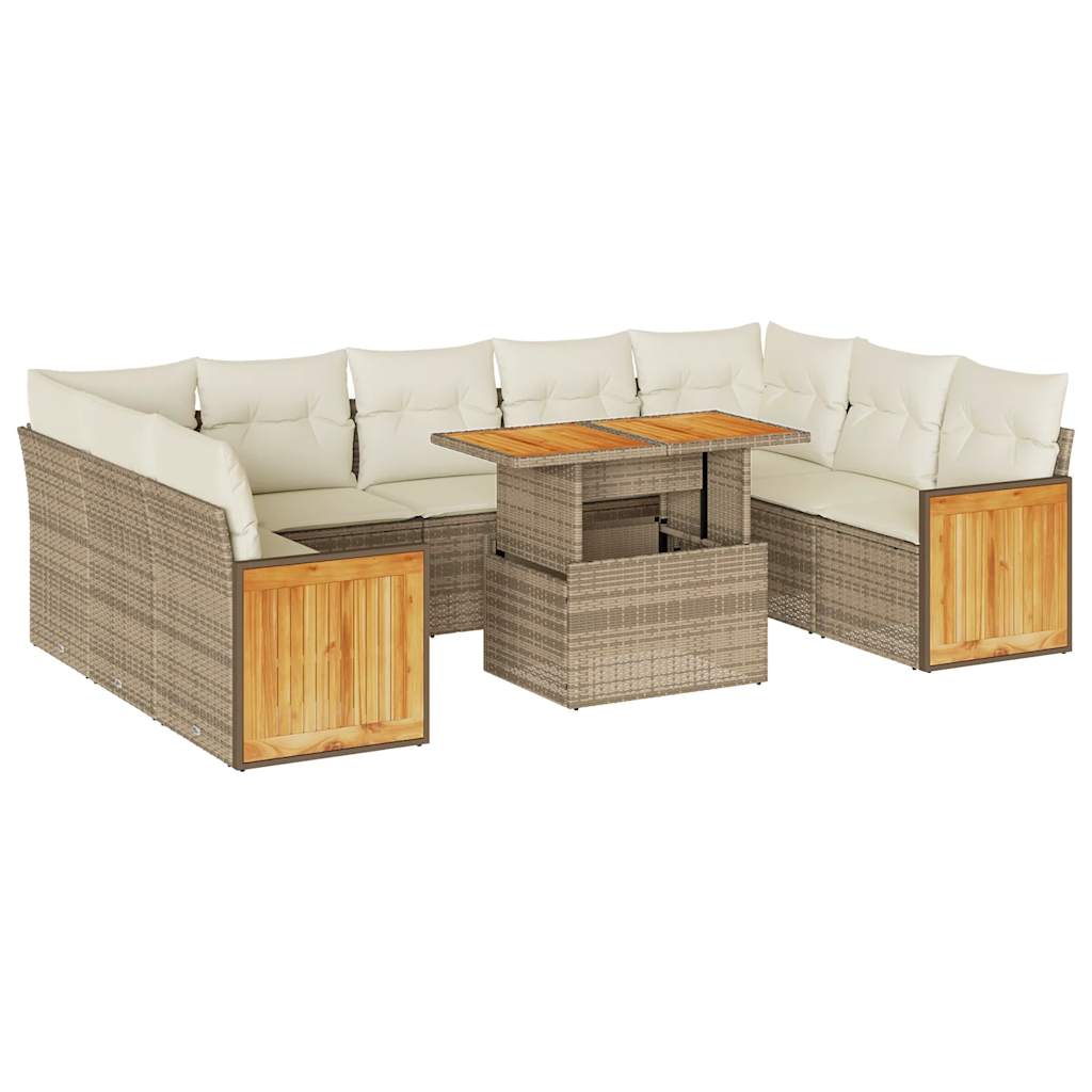 Divano da Giardino 10 pz con Cuscini Beige in Polyrattan Acacia