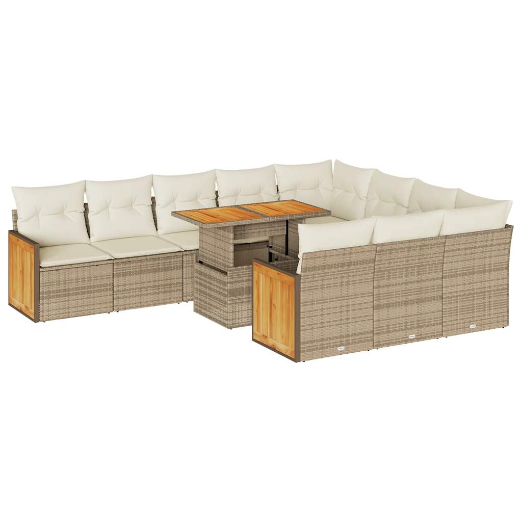 Set Divani da Giardino 11pz con Cuscini Beige Acacia Polyrattan