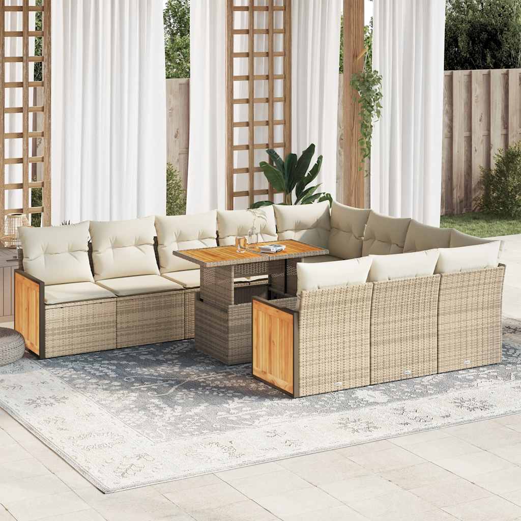 Set Divani da Giardino 11pz con Cuscini Beige Acacia Polyrattan