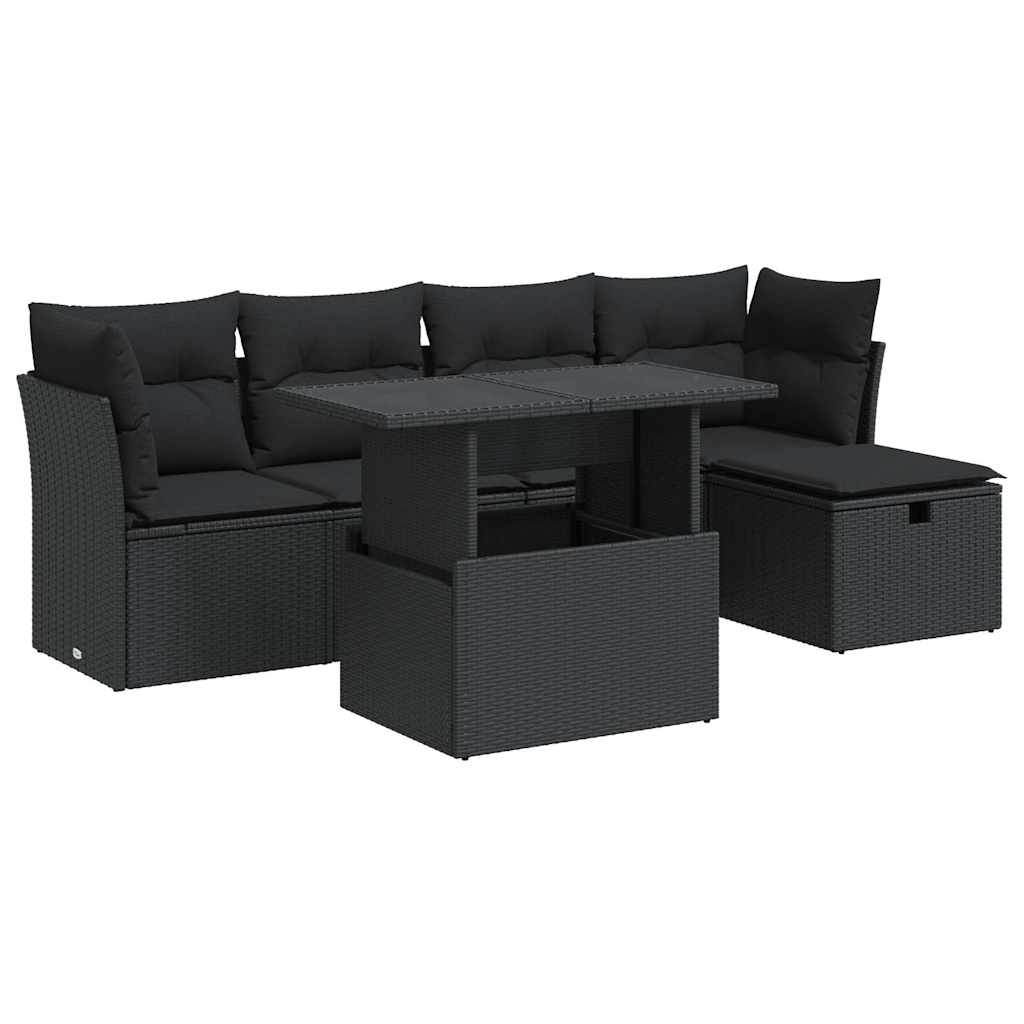 Set Divano da Giardino 6 pz con Cuscini Nero in Polyrattan