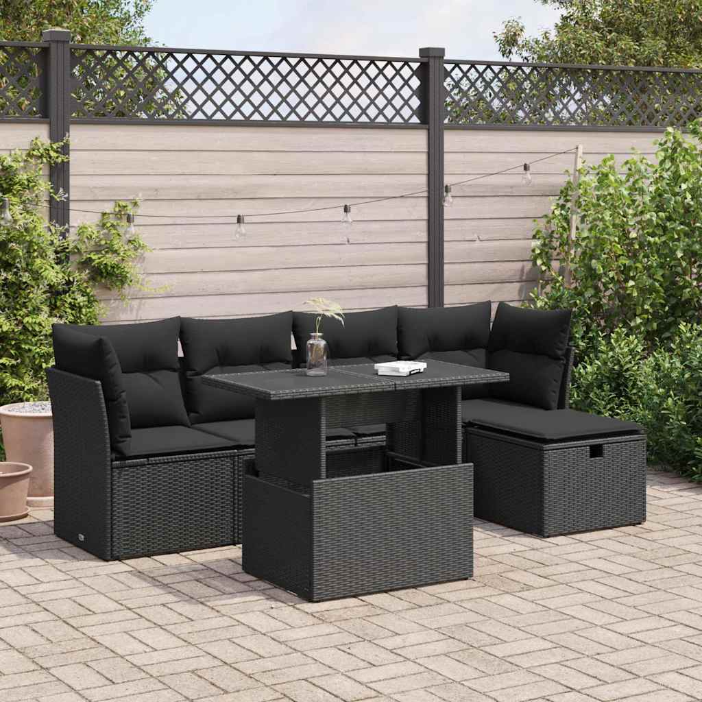 Set Divano da Giardino 6 pz con Cuscini Nero in Polyrattan