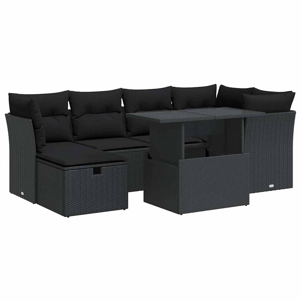 Set Divani da Giardino con Cuscini 7pz Nero Polyrattan