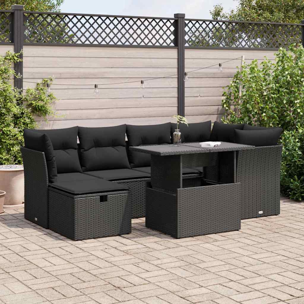 Set Divani da Giardino con Cuscini 7pz Nero Polyrattan