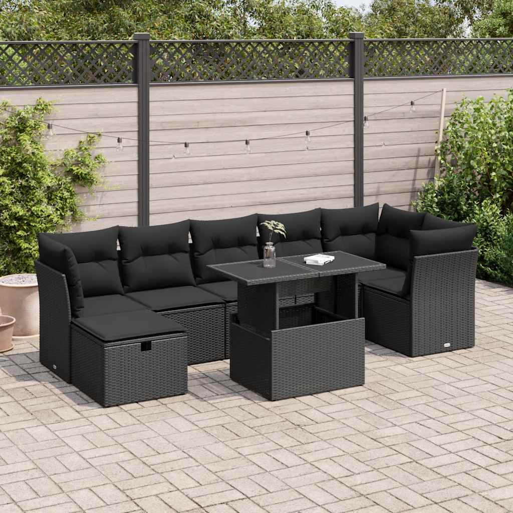 Set Divani da Giardino con Cuscini 8 pz Nero in Polyrattan