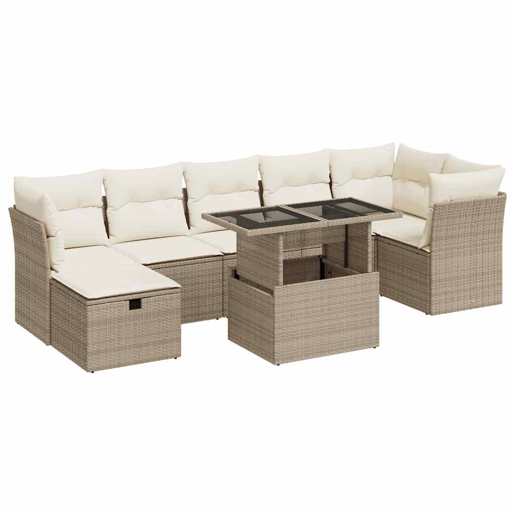 Set Divano da Giardino 8 pz con Cuscini Beige in Polyrattan