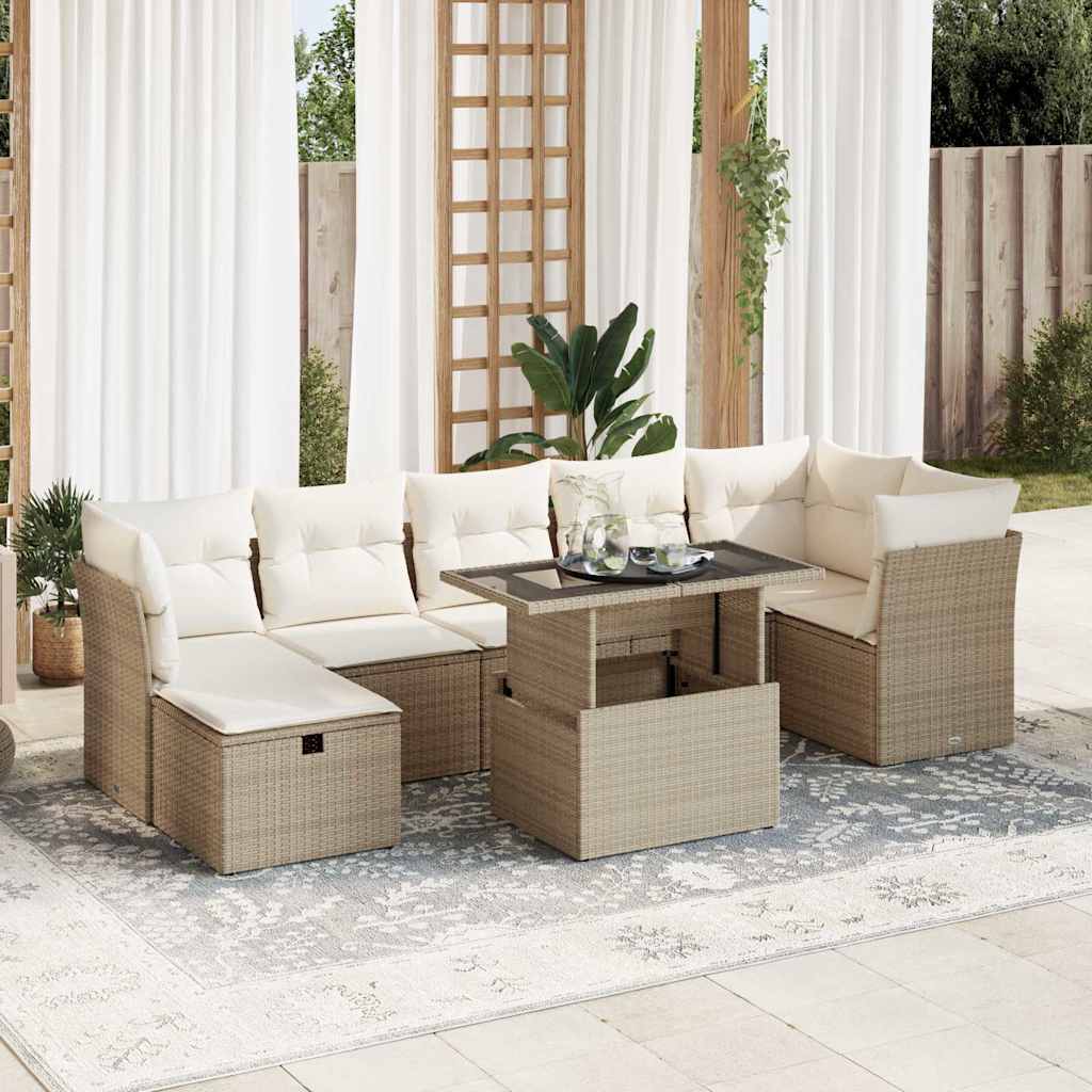 Set Divano da Giardino 8 pz con Cuscini Beige in Polyrattan