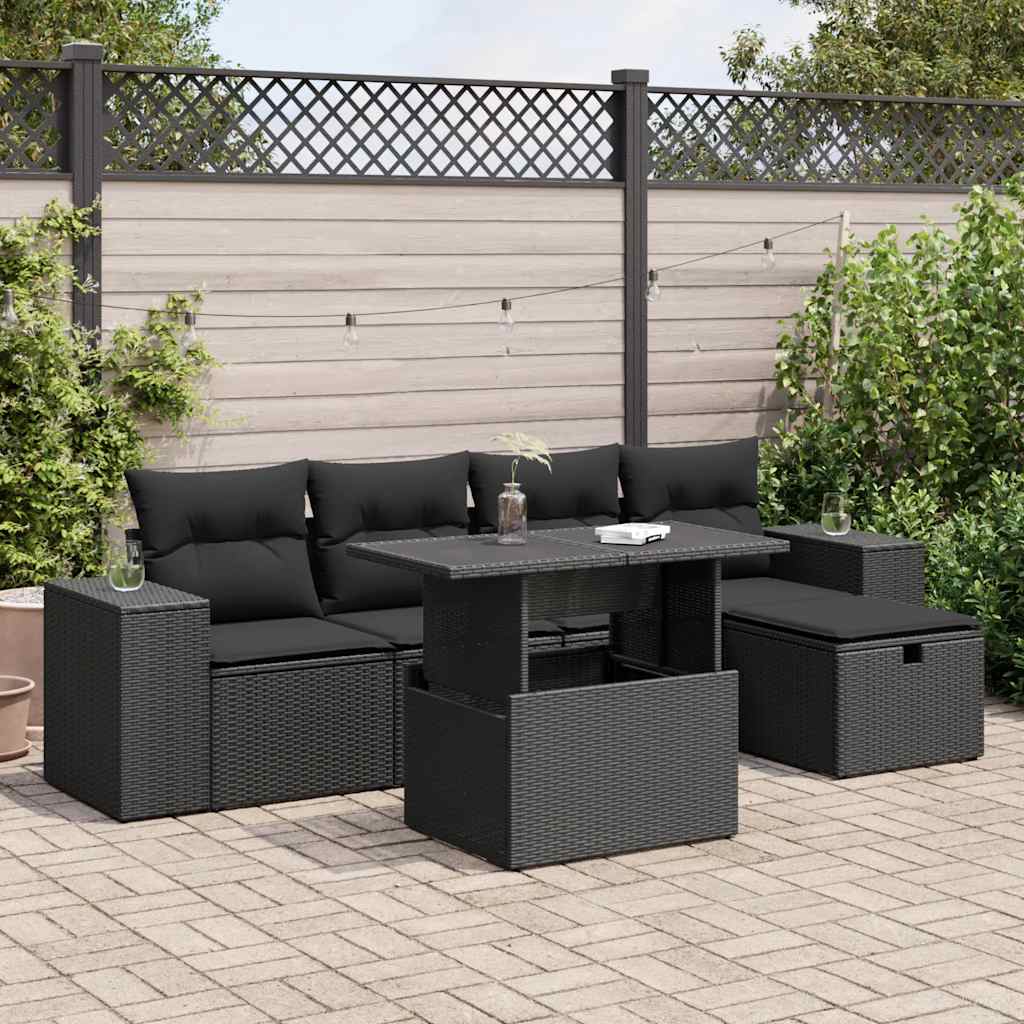 Set Divano da Giardino 6 pz con Cuscini Nero in Polyrattan