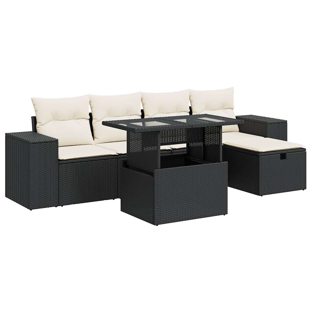 Set Divano da Giardino 6 pz con Cuscini Nero in Polyrattan