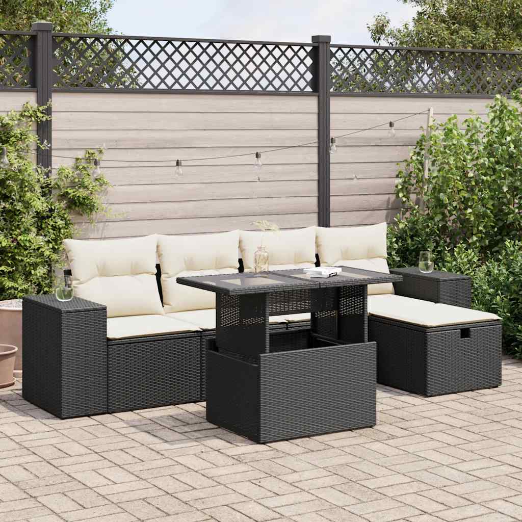 Set Divano da Giardino 6 pz con Cuscini Nero in Polyrattan