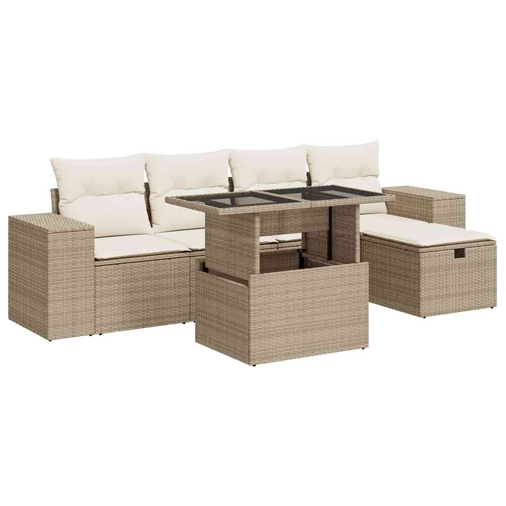 Set Divano da Giardino 6 pz con Cuscini Beige in Polyrattan