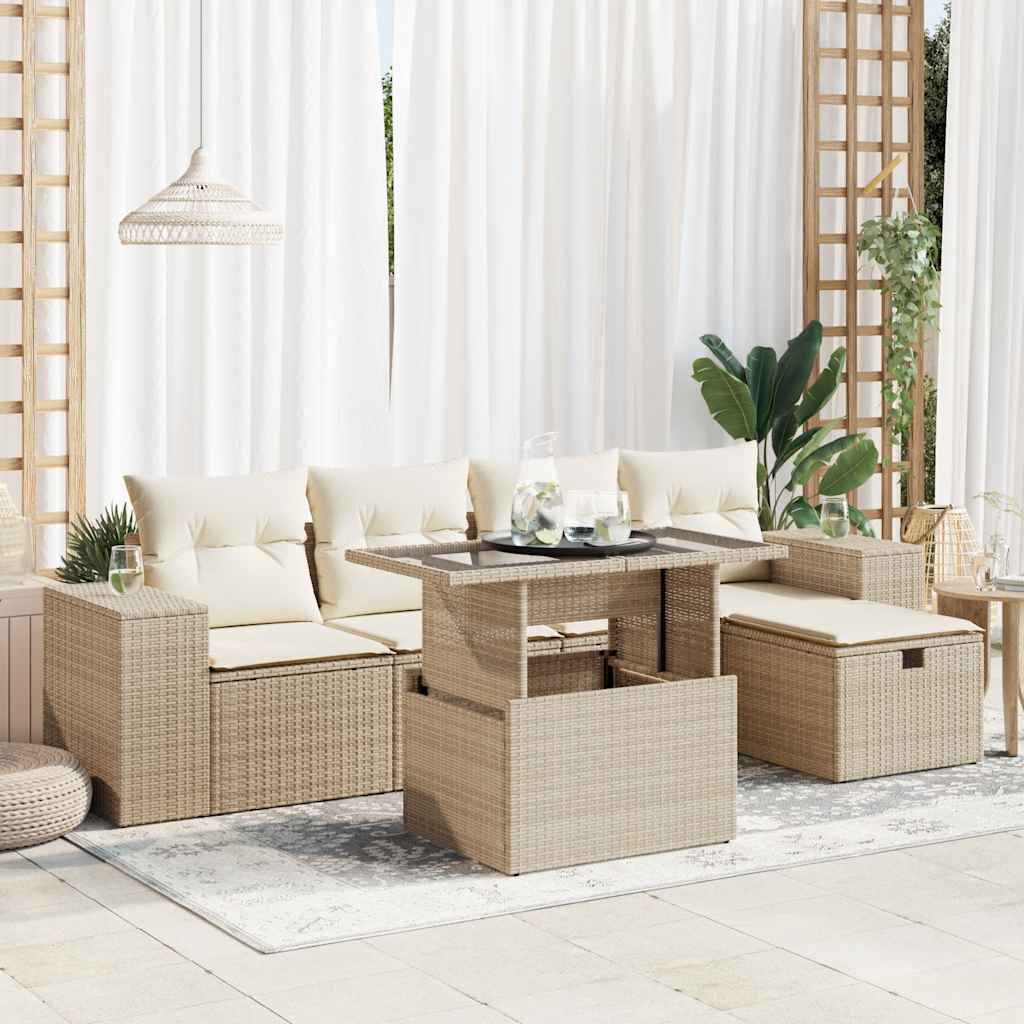 Set Divano da Giardino 6 pz con Cuscini Beige in Polyrattan