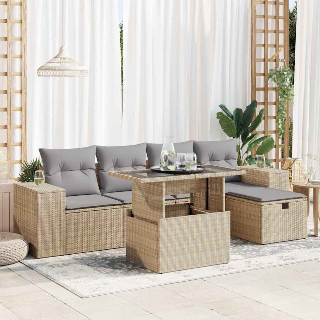 Set Divano da Giardino 6 pz con Cuscini Beige in Polyrattan