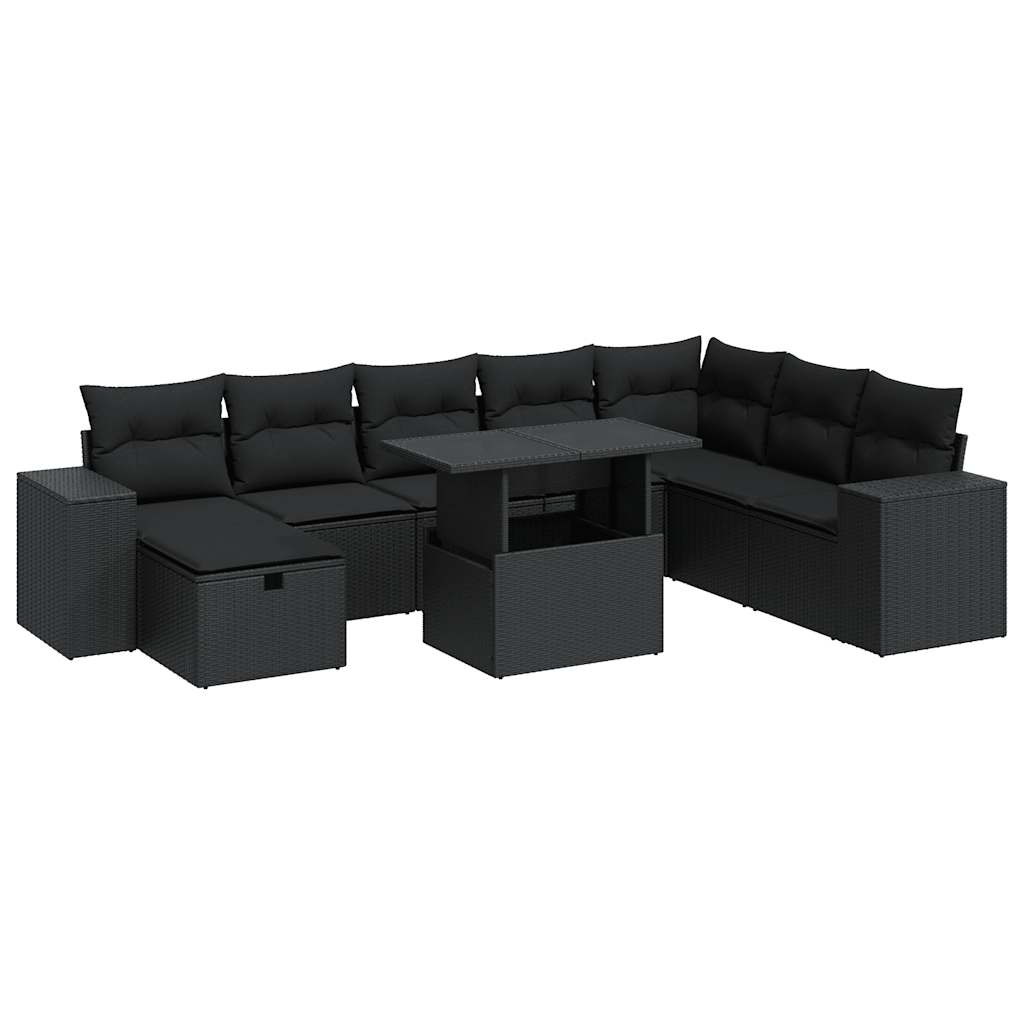 Set Divani da Giardino 9 pz con Cuscini Nero in Polyrattan