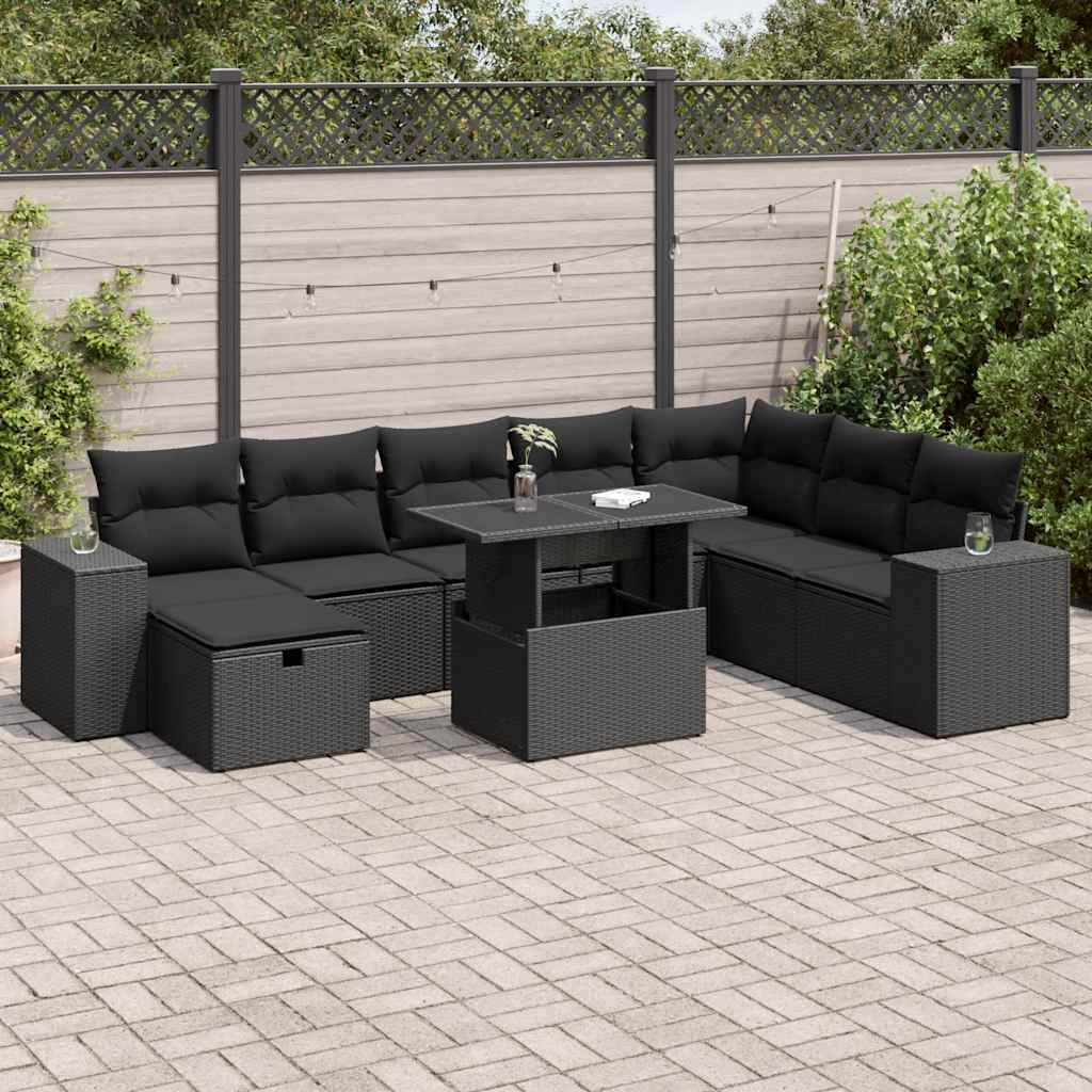 Set Divani da Giardino 9 pz con Cuscini Nero in Polyrattan