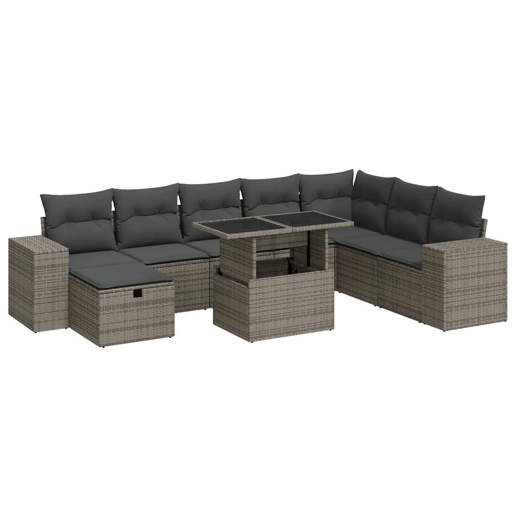 Set Divano da Giardino 9 pz con Cuscini Grigio in Polyrattan