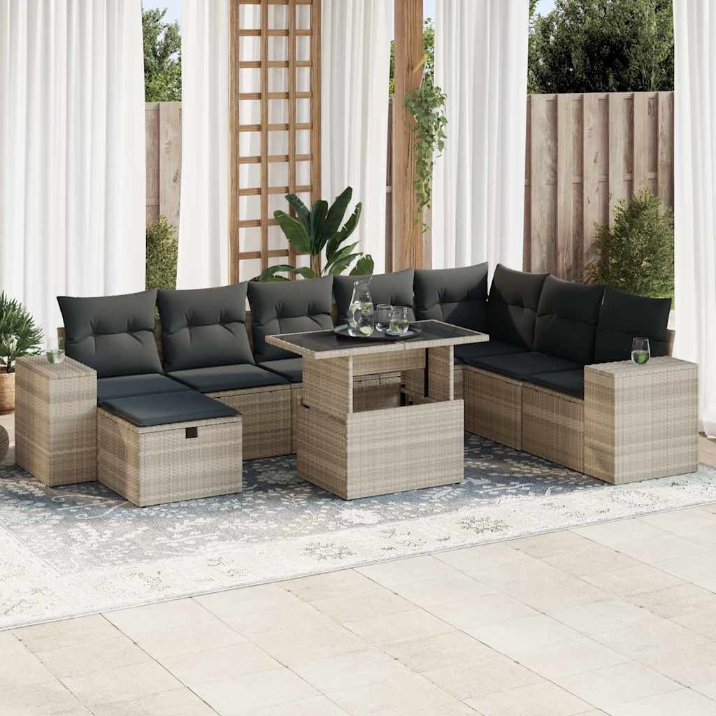 Set Divano da Giardino 9pz con Cuscini Grigio Chiaro Polyrattan