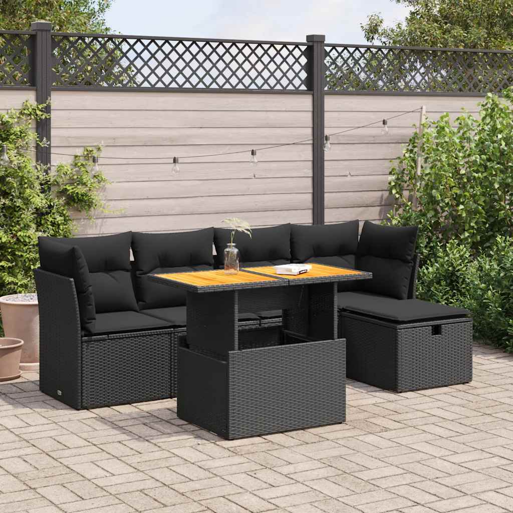 Set Divano da Giardino 6 pz con Cuscini Nero Polyrattan Acacia