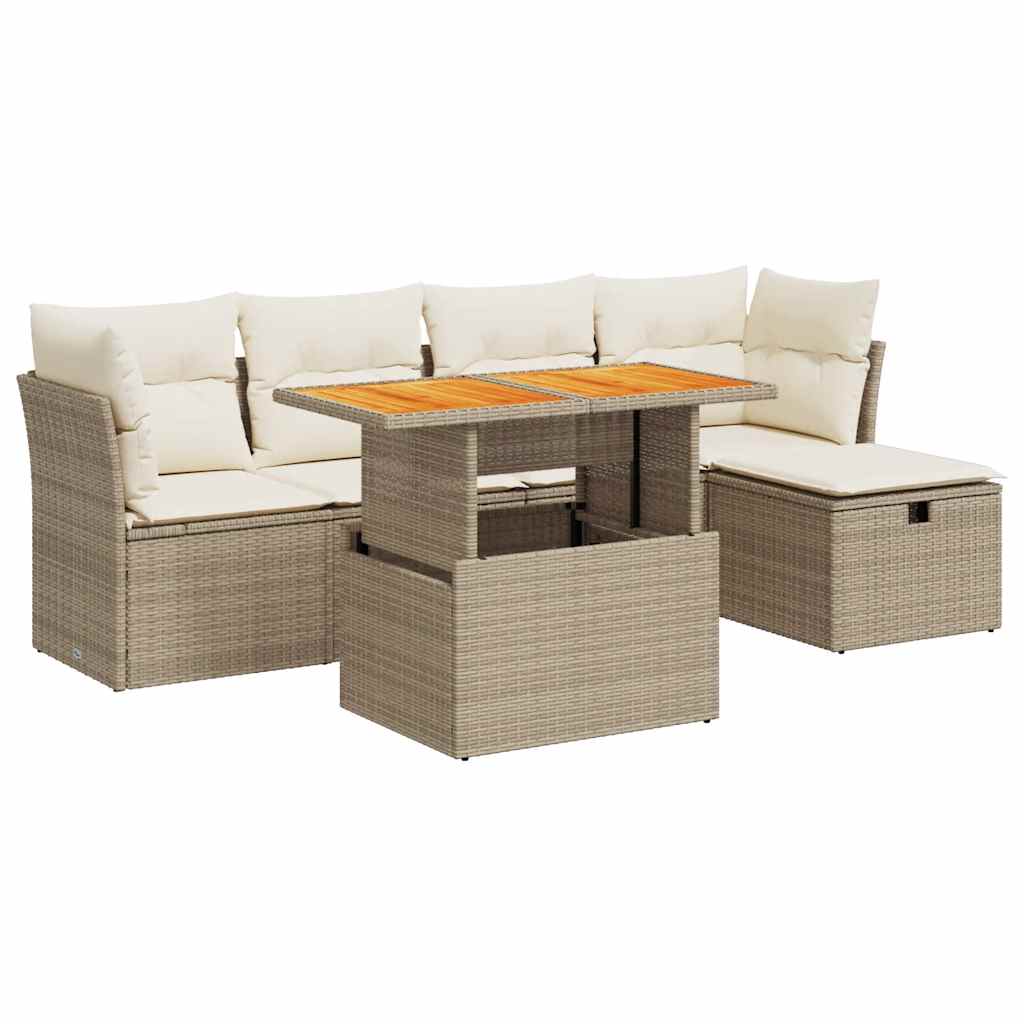 Set Divano da Giardino 6 pz con Cuscini Beige Polyrattan Acacia