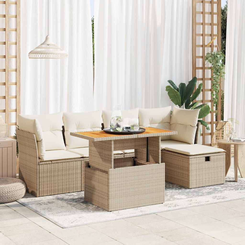 Set Divano da Giardino 6 pz con Cuscini Beige Polyrattan Acacia