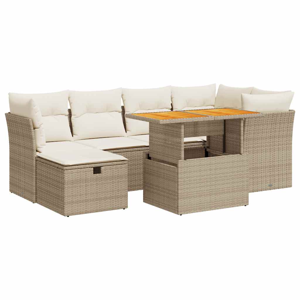 Set Divani da Giardino 7 pz con Cuscini Beige Polyrattan Acacia