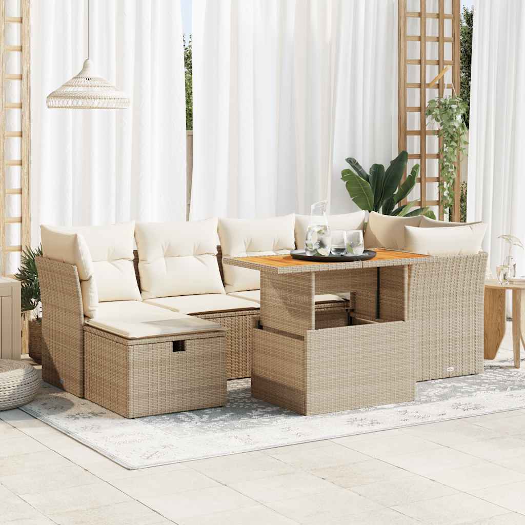 Set Divani da Giardino 7 pz con Cuscini Beige Polyrattan Acacia