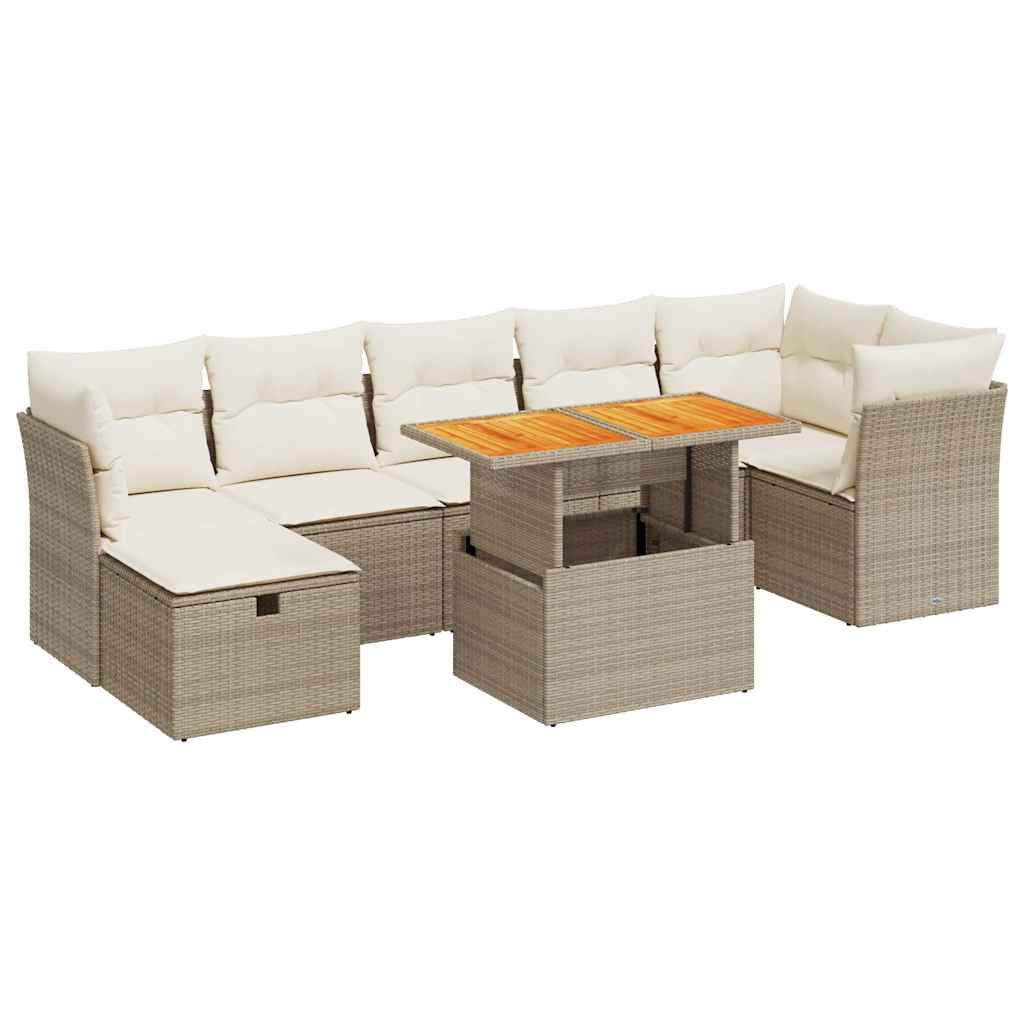 Set Divano da Giardino 8 pz con Cuscini Beige Polyrattan Acacia