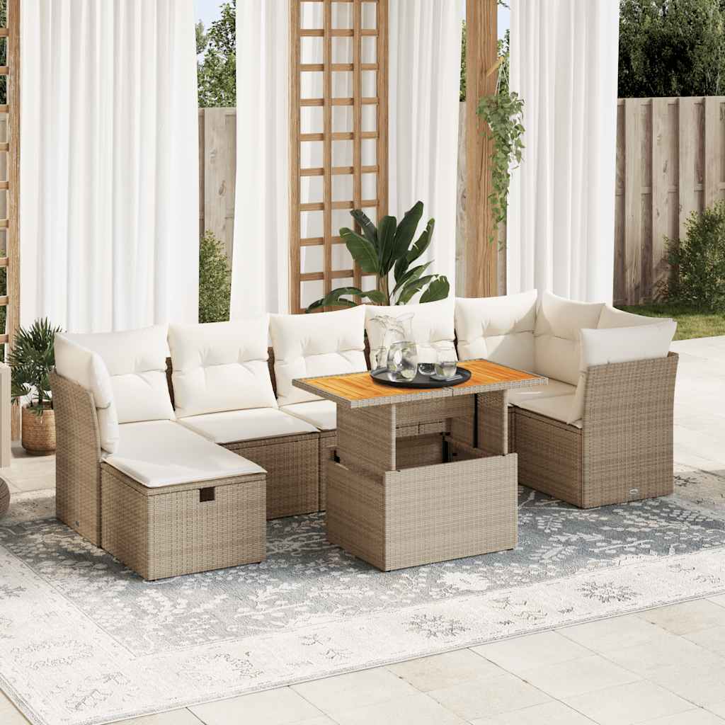 Set Divano da Giardino 8 pz con Cuscini Beige Polyrattan Acacia