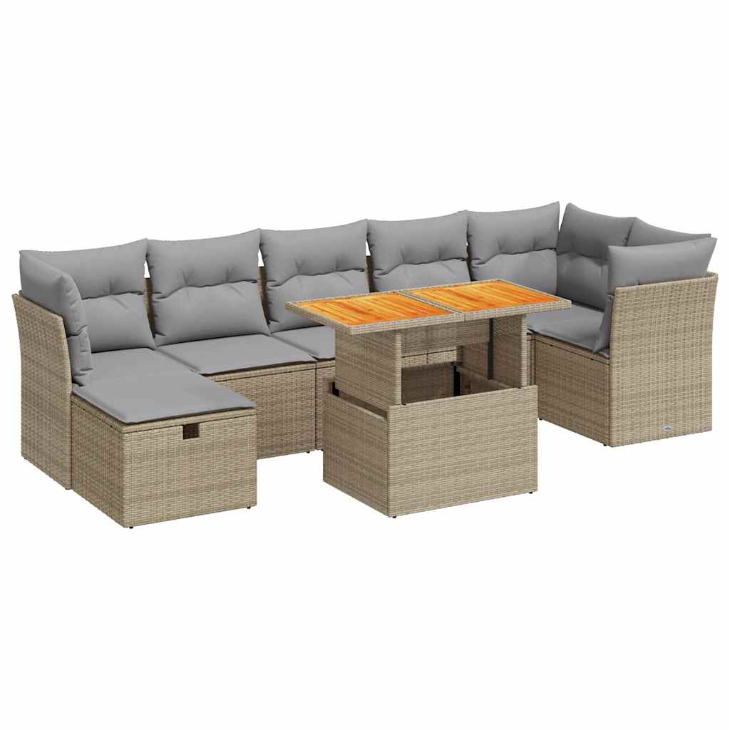 Set Divano da Giardino 8 pz con Cuscini Beige Polyrattan Acacia