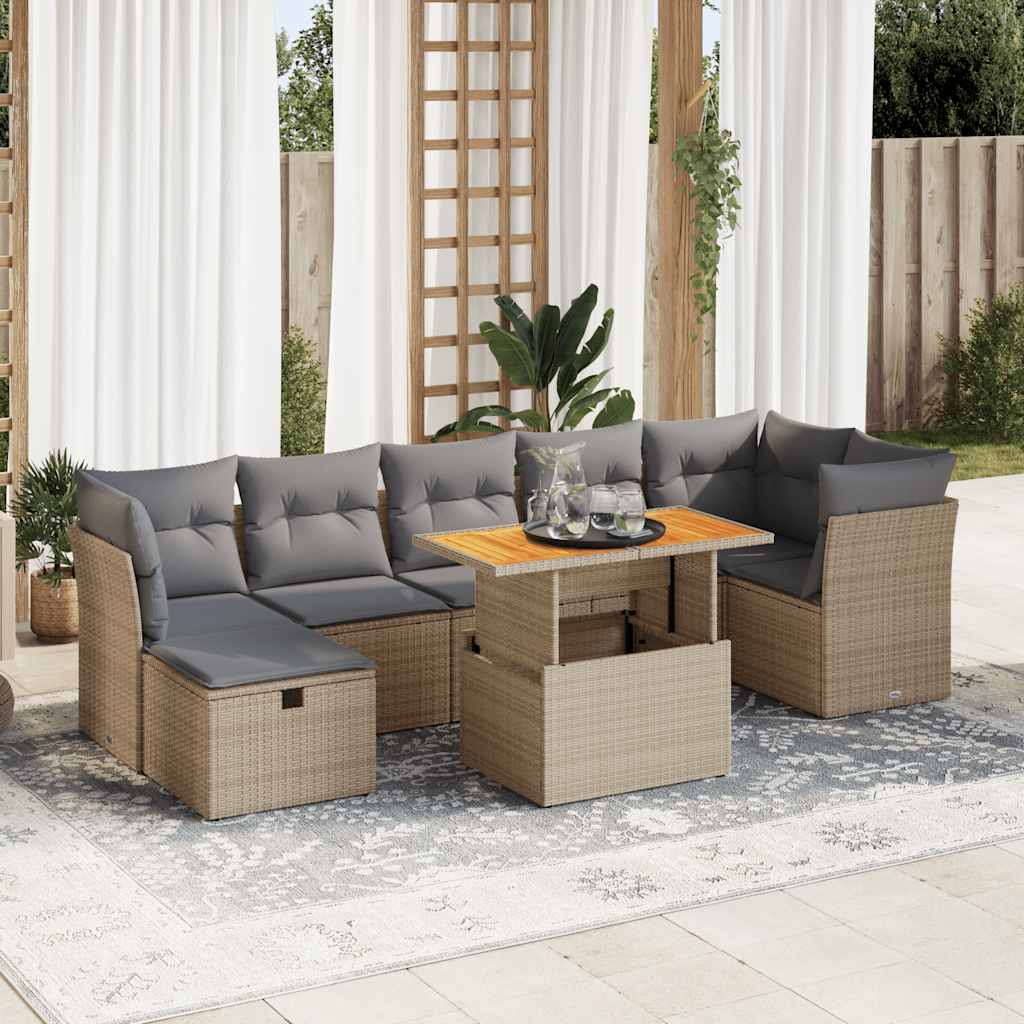 Set Divano da Giardino 8 pz con Cuscini Beige Polyrattan Acacia