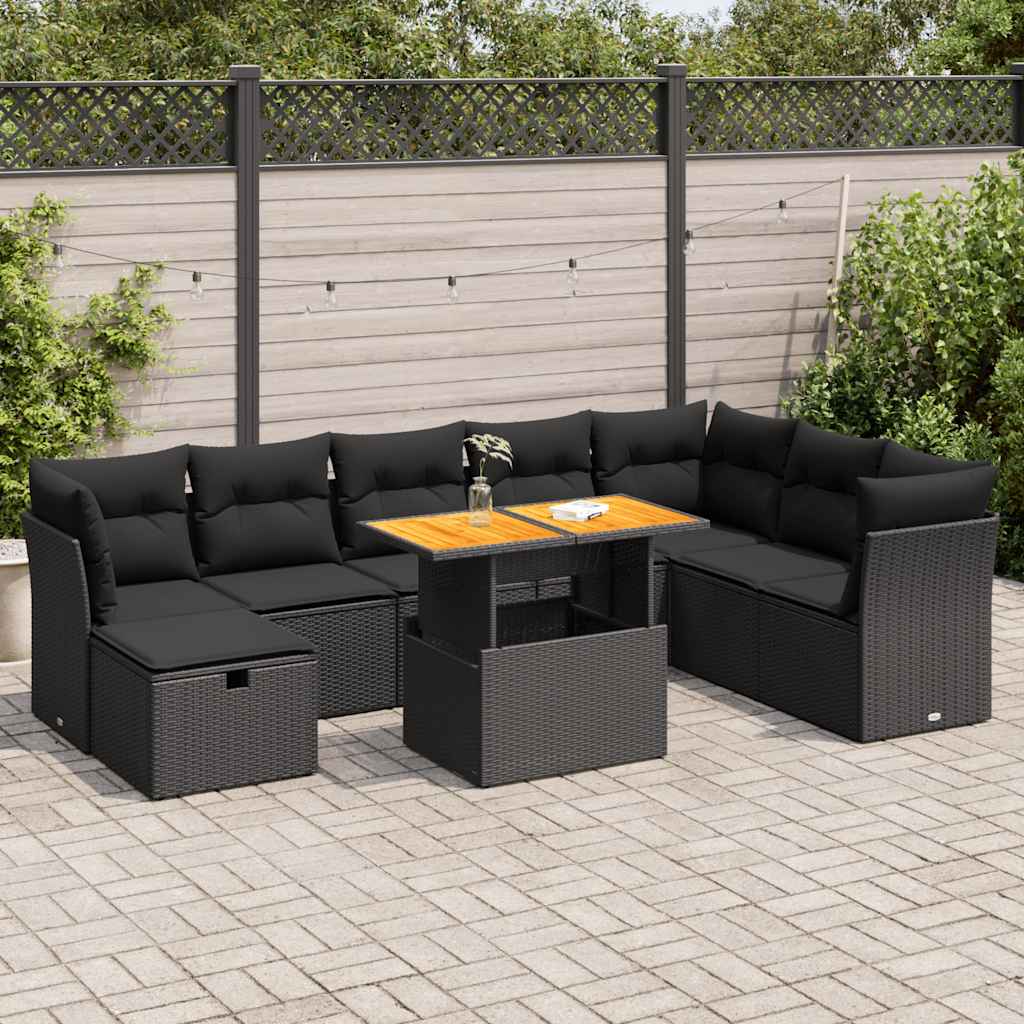 Set Divani da Giardino 9 pz con Cuscini Nero Polyrattan Acacia