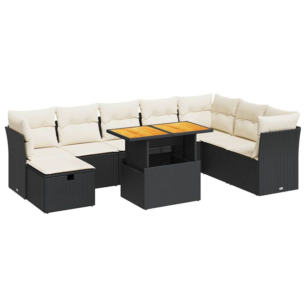 Set Divani da Giardino 9 pz con Cuscini Nero Polyrattan Acacia