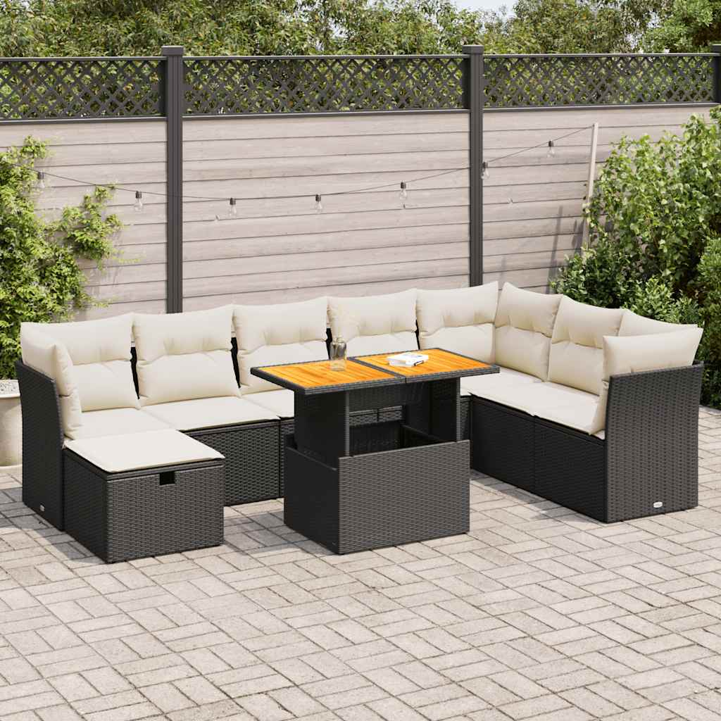 Set Divani da Giardino 9 pz con Cuscini Nero Polyrattan Acacia