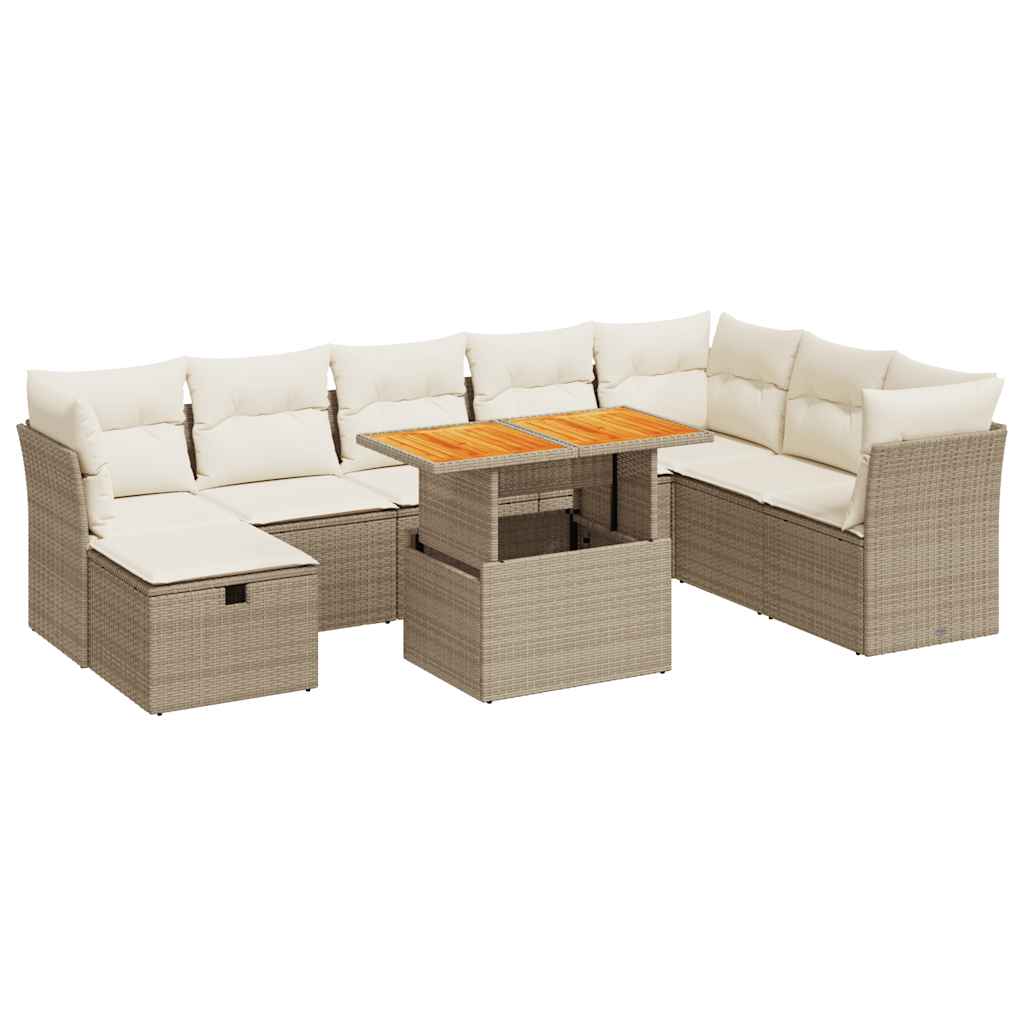 Set Divano da Giardino 9 pz con Cuscini Beige Polyrattan Acacia