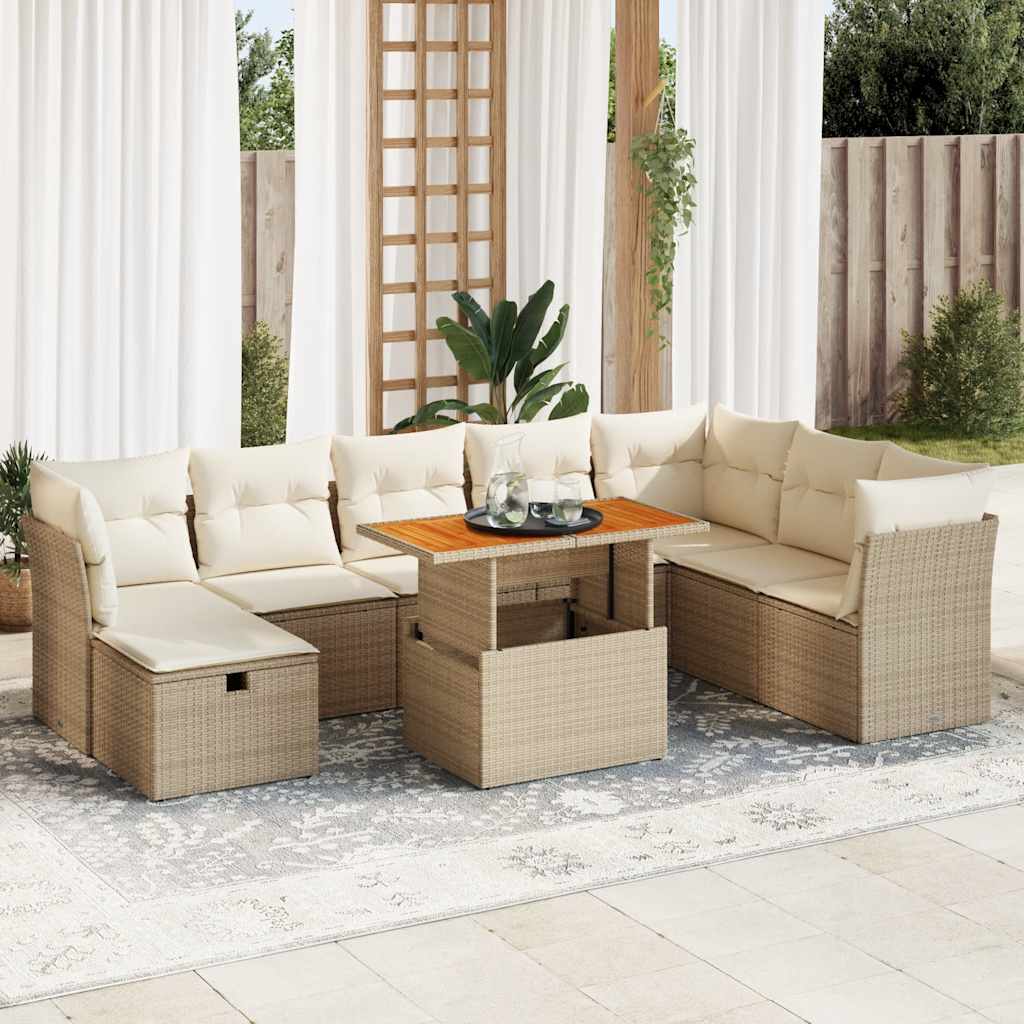 Set Divano da Giardino 9 pz con Cuscini Beige Polyrattan Acacia