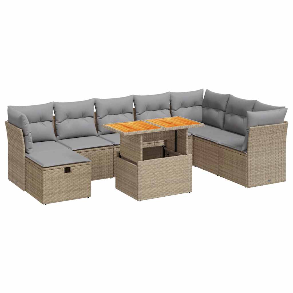 Set Divano da Giardino 9 pz con Cuscini Beige Polyrattan Acacia