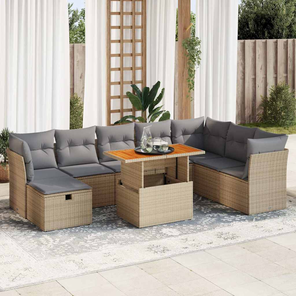 Set Divano da Giardino 9 pz con Cuscini Beige Polyrattan Acacia