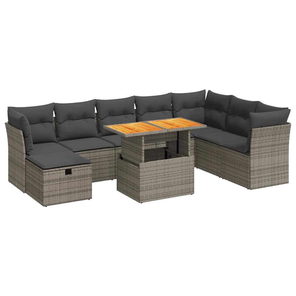 Set Divano da Giardino 9pz con Cuscini Grigio Polyrattan Acacia