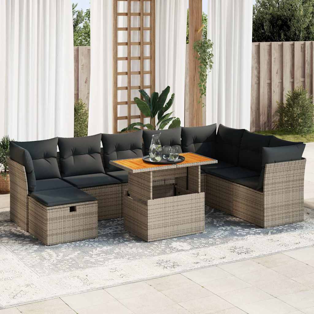 Set Divano da Giardino 9pz con Cuscini Grigio Polyrattan Acacia