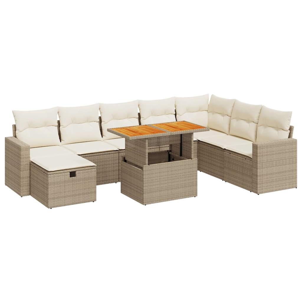 Set Divano da Giardino 9 pz con Cuscini Beige Polyrattan Acacia