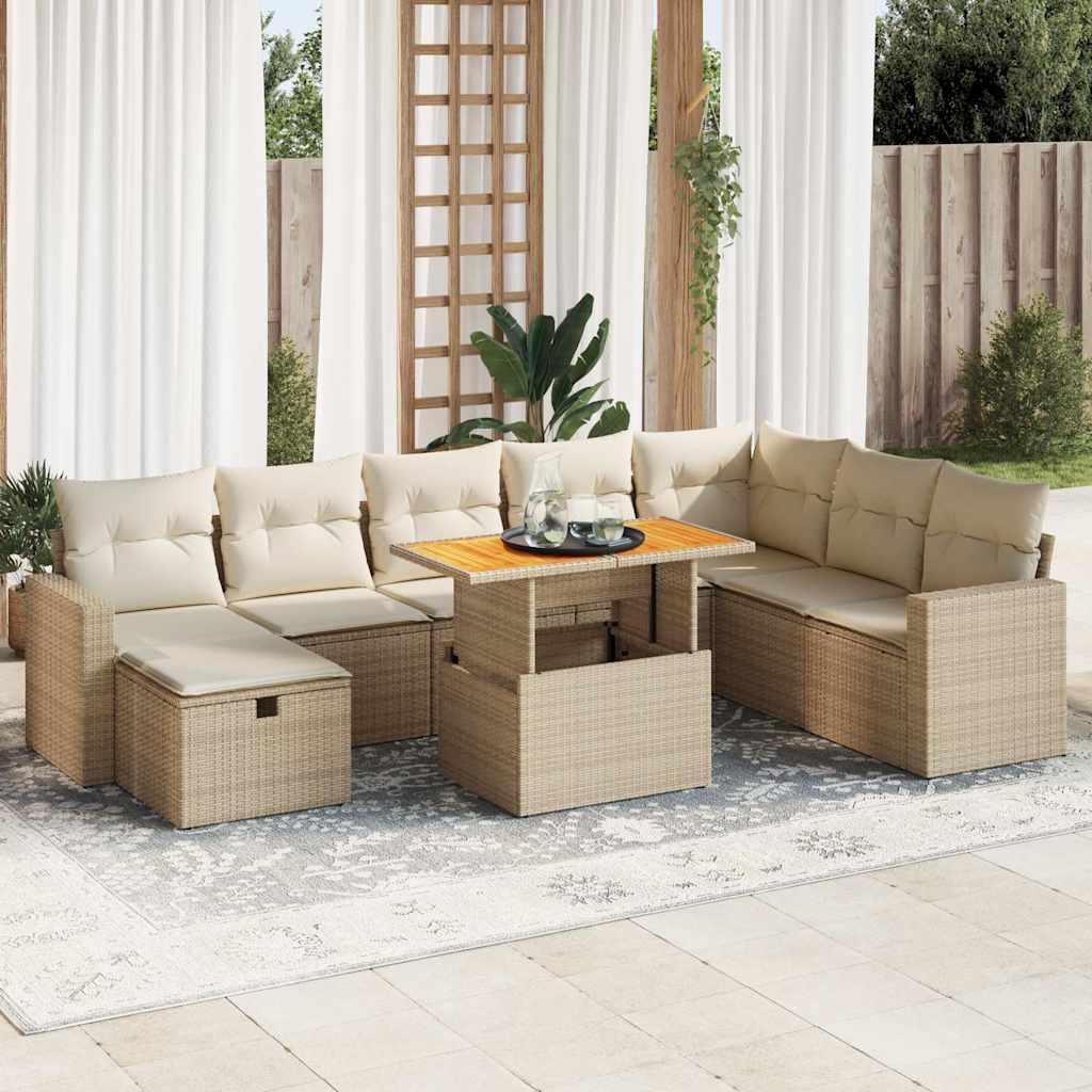 Set Divano da Giardino 9 pz con Cuscini Beige Polyrattan Acacia