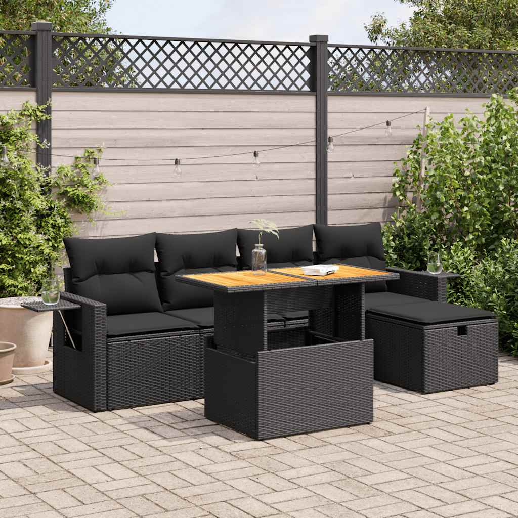 Set Divano da Giardino 6 pz con Cuscini Nero Polyrattan Acacia