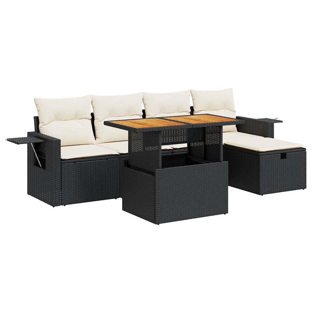 Set Divano da Giardino 6 pz con Cuscini Nero Polyrattan Acacia