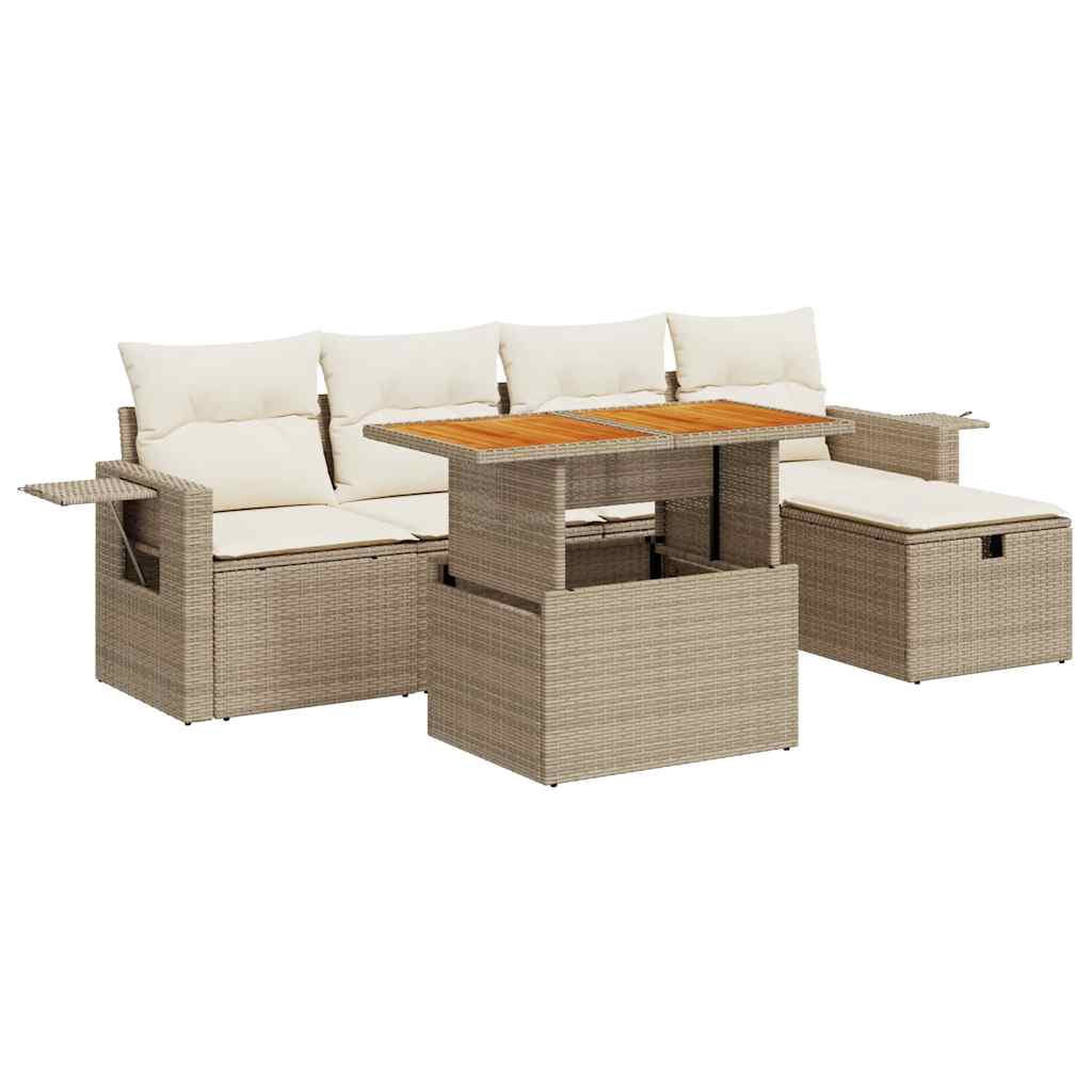 Set Divano da Giardino 6 pz con Cuscini Beige Polyrattan Acacia