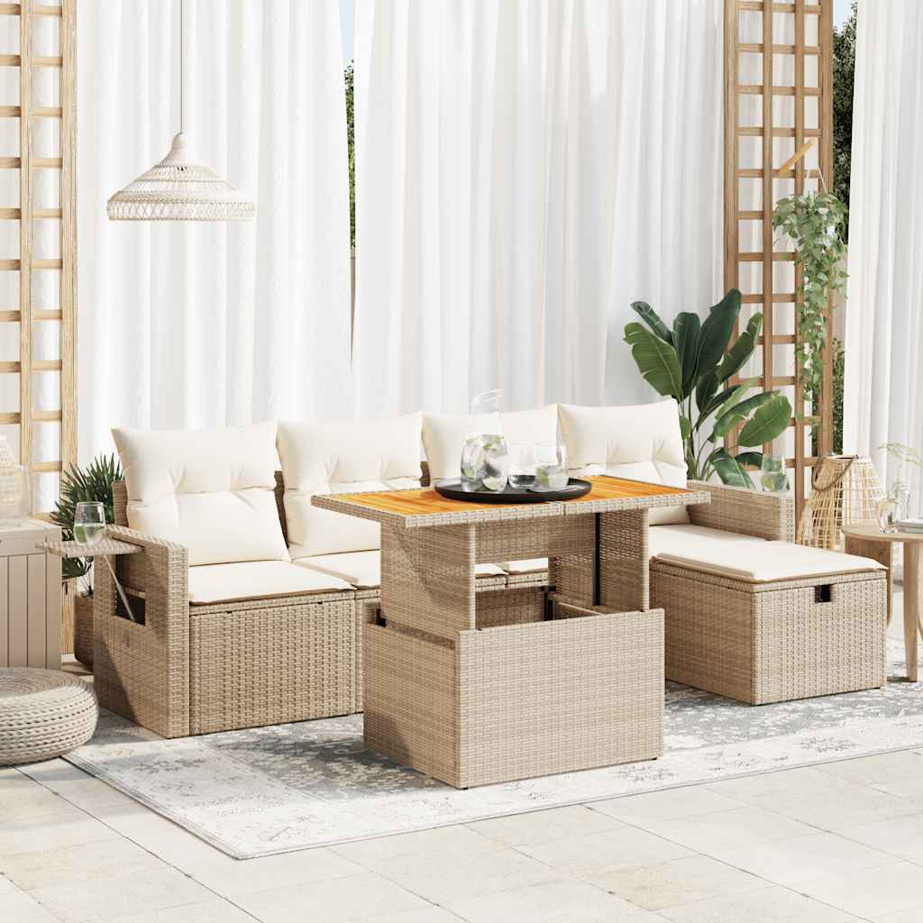 Set Divano da Giardino 6 pz con Cuscini Beige Polyrattan Acacia