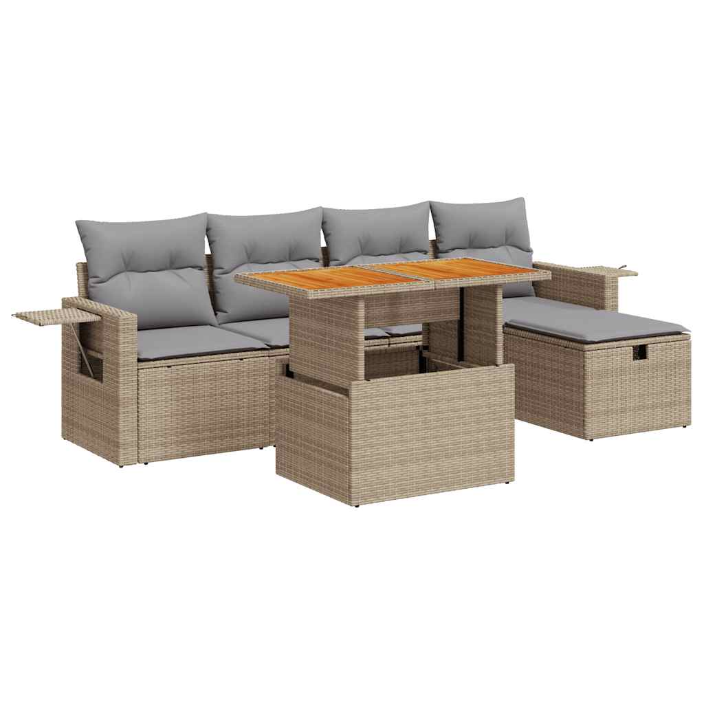 Set Divano da Giardino 6 pz con Cuscini Beige Polyrattan Acacia