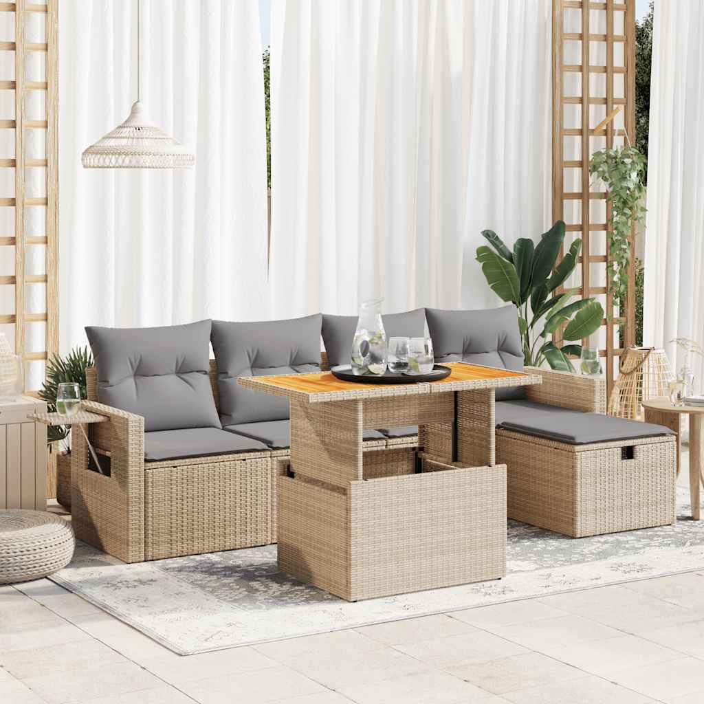 Set Divano da Giardino 6 pz con Cuscini Beige Polyrattan Acacia