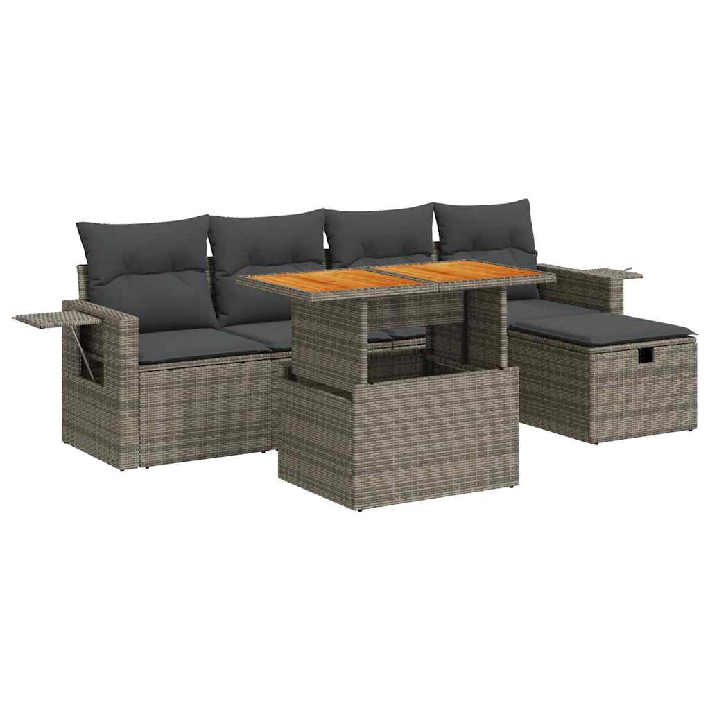 Set Divano da Giardino 6pz con Cuscini Grigio Polyrattan Acacia