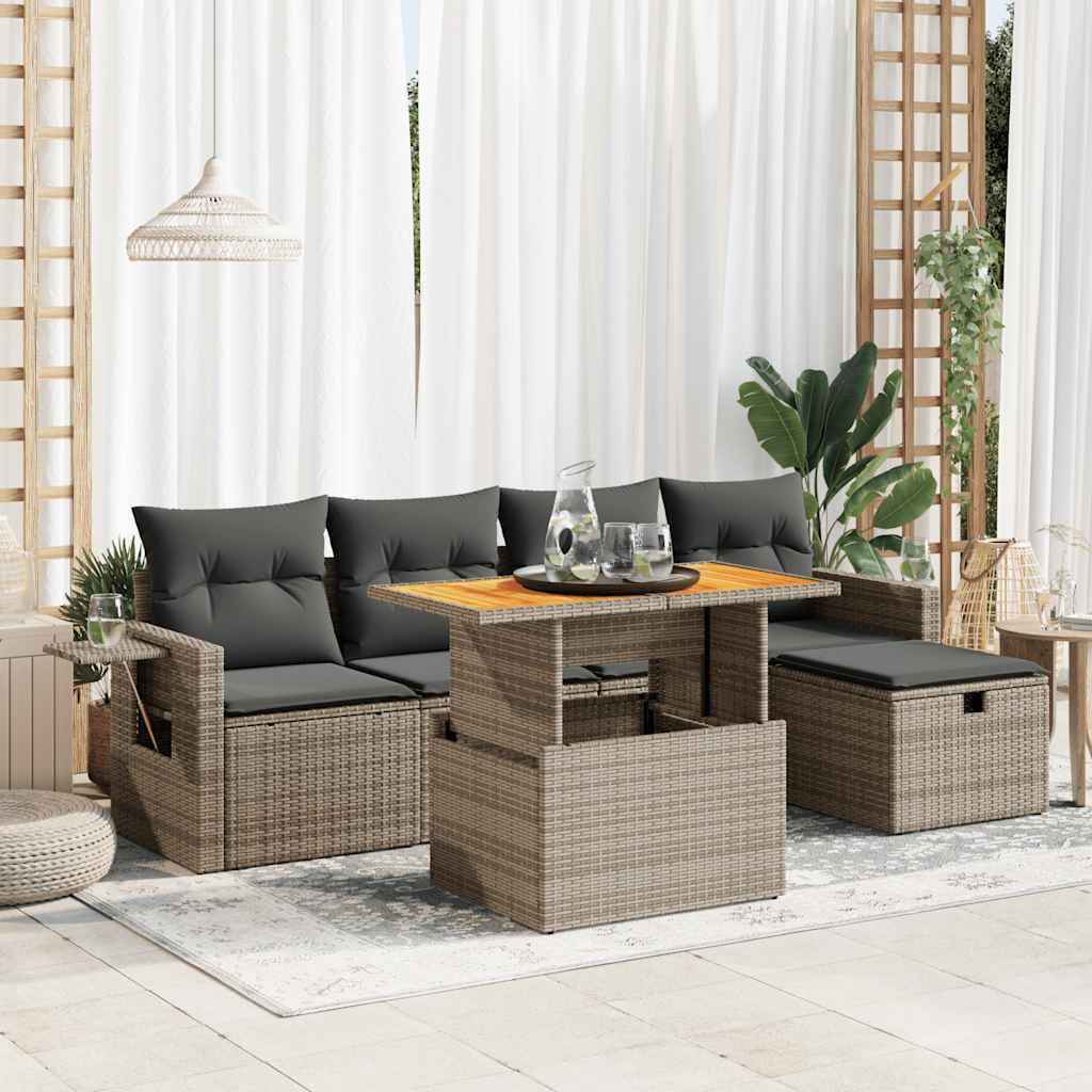 Set Divano da Giardino 6pz con Cuscini Grigio Polyrattan Acacia