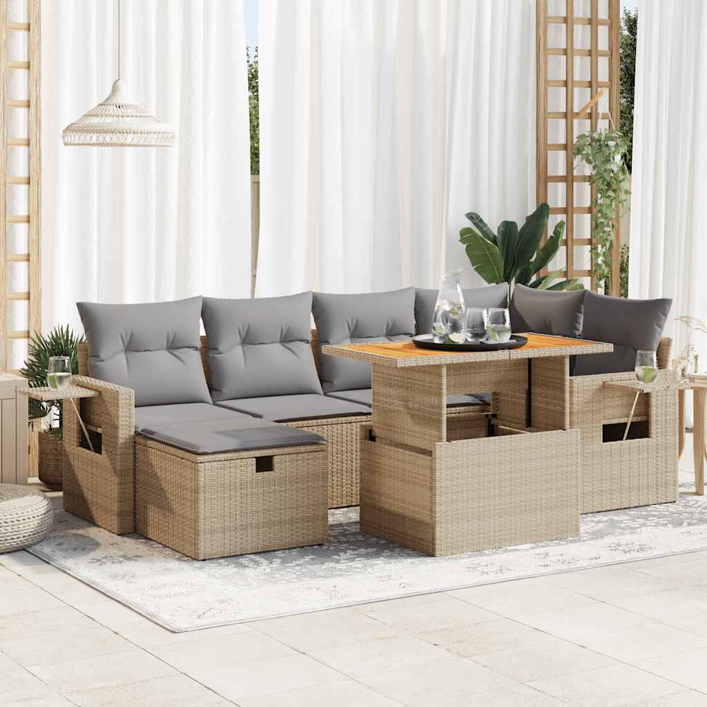 Set Divano da Giardino 8 pz con Cuscini Beige Polyrattan Acacia